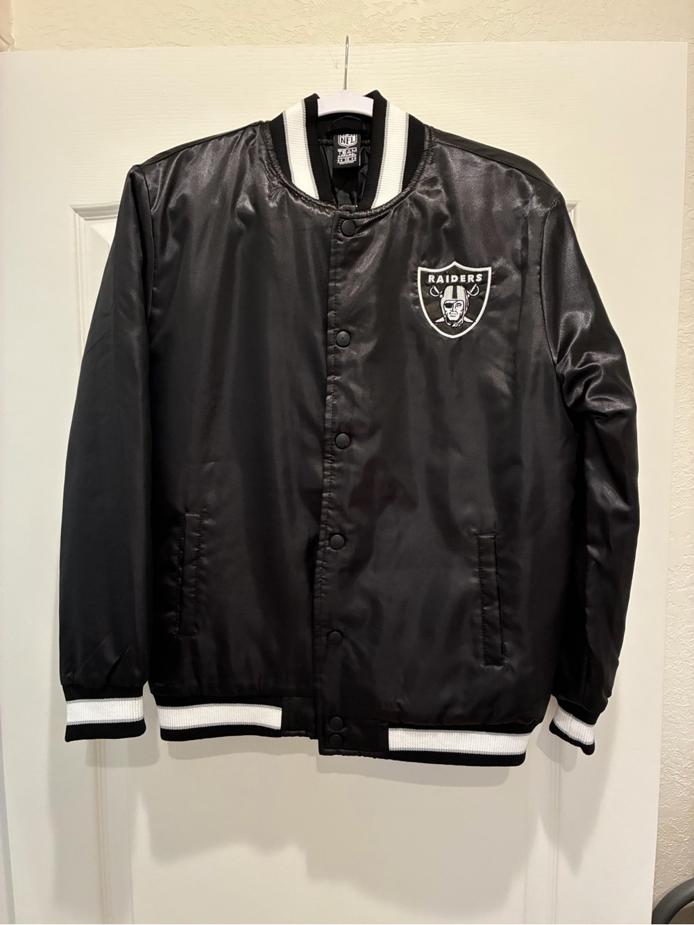 NFL Raiders Black Satin Bomber Jacket with White Trim